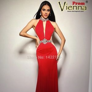 Vienna Prom #1024 Red Size 0 Red with Crystal Beadwork and train